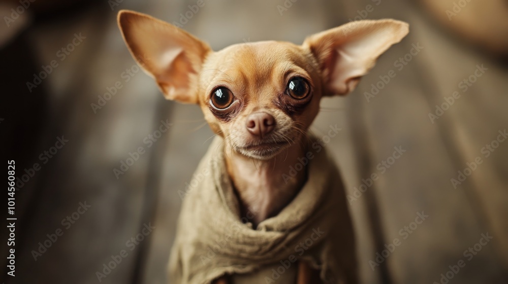 A small brown Chihuahua, dressed in a simple scarf, sits with a curious expression on its face. The rustic wooden floor adds warmth to the ambiance, enhancing the dog's adorable appearance. A small brown Chihuahua, dressed in a simple scarf, sits with a curious expression on its face. The rustic wooden floor adds warmth to the ambiance, enhancing the dog's adorable appearance.