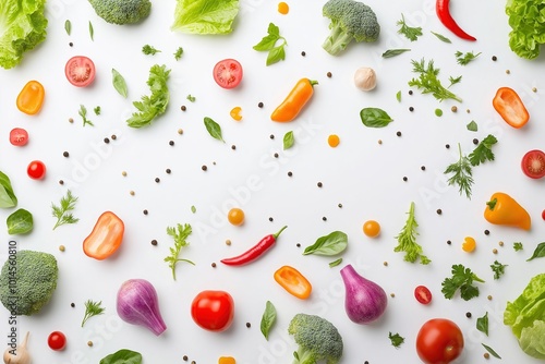 Fresh vegetables including broccoli, peppers, and tomatoes set against a clean white background