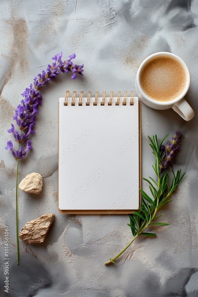A top-down view of a flatlay with a cup of coffee, lavender flowers, and an open spiral notepad placed on a textured surface, evoking a calm and creative morning atmosphere A top-down view of a flatlay with a cup of coffee, lavender flowers, and an open spiral notepad placed on a textured surface, evoking a calm and creative morning atmosphere
