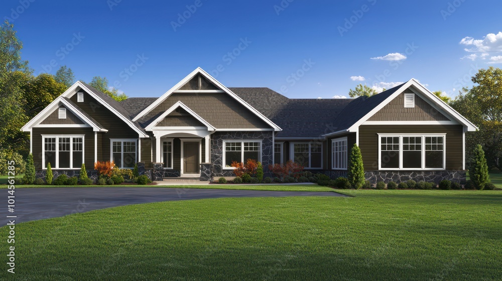 Architectural rendering of a home with olive accents, traditional style, dark basalt and cypress details, spacious windows, snow white roof trim, a stamped asphalt driveway, and vibrant green grass Architectural rendering of a home with olive accents, traditional style, dark basalt and cypress details, spacious windows, snow white roof trim, a stamped asphalt driveway, and vibrant green grass