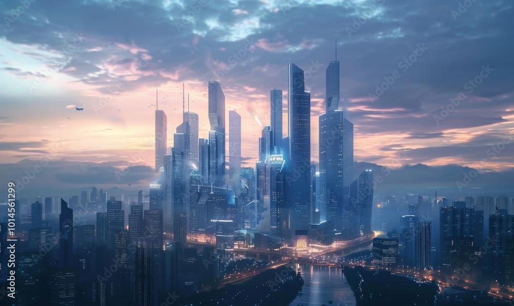 Obraz premium Futuristic urban skyline at dusk, 4K hyperrealistic photo