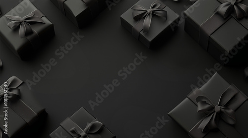 Black gift boxes from top view on a black background with copy space for text and design elements. Black Friday concept. 