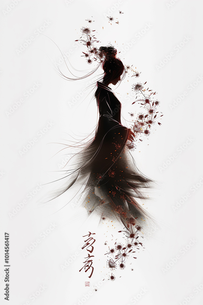 Fototapeta premium Minimalist Sumi-e ink painting of a female silhouette, crafted with elegant, flowing lines in a Zen calligraphy style. Perfect for art prints, interior decor, branding, and meditation spaces