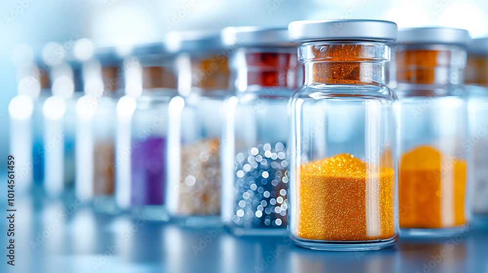 A variety of jars filled with colorful powders sit lined up on a table in a bright studio, highlighting the different textures and hues of the materials A variety of jars filled with colorful powders sit lined up on a table in a bright studio, highlighting the different textures and hues of the materials
