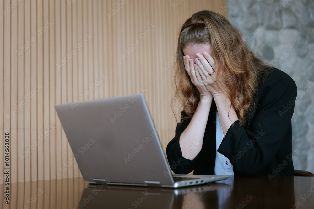 Stressed Woman Covering Face in Front of Laptop: Burnout, Overload, and Workplace Anxiety in the Digital Age Stressed Woman Covering Face in Front of Laptop: Burnout, Overload, and Workplace Anxiety in the Digital Age