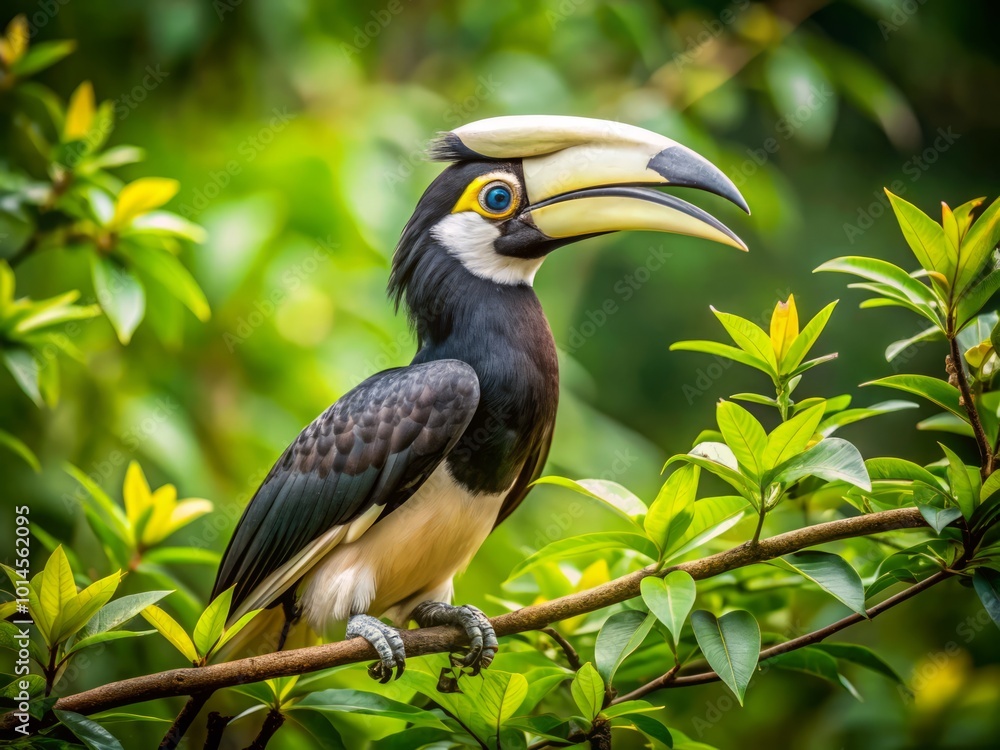 In a lush forest setting, the Oriental Pied Hornbill delicately preens its vibrant feathers on a tree, enchanting In a lush forest setting, the Oriental Pied Hornbill delicately preens its vibrant feathers on a tree, enchanting