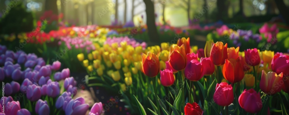 Garden with rows of colorful tulips in spring, 4K hyperrealistic photo,