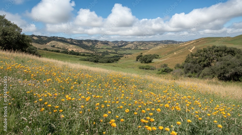 Wildflowers Blooming on a Rolling Hillside with Lush Green Grass and Trees Wildflowers Blooming on a Rolling Hillside with Lush Green Grass and Trees