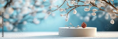 A simple white frame sign is placed on a table, surrounded by red berries in winter. Soft micro lights shine against a blurred blue and white background. Create a Quiet Winter Atmosphere in This Minim