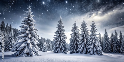 In a serene monochrome winter landscape, majestic fir trees stand tall, enveloped in a thick layer of heavy snow, evoking a sense of tranquil beauty.