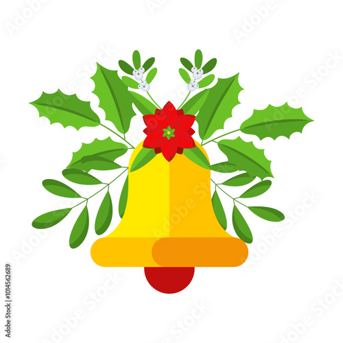 Christmas garland with bells and plant branches, flowers and berries.