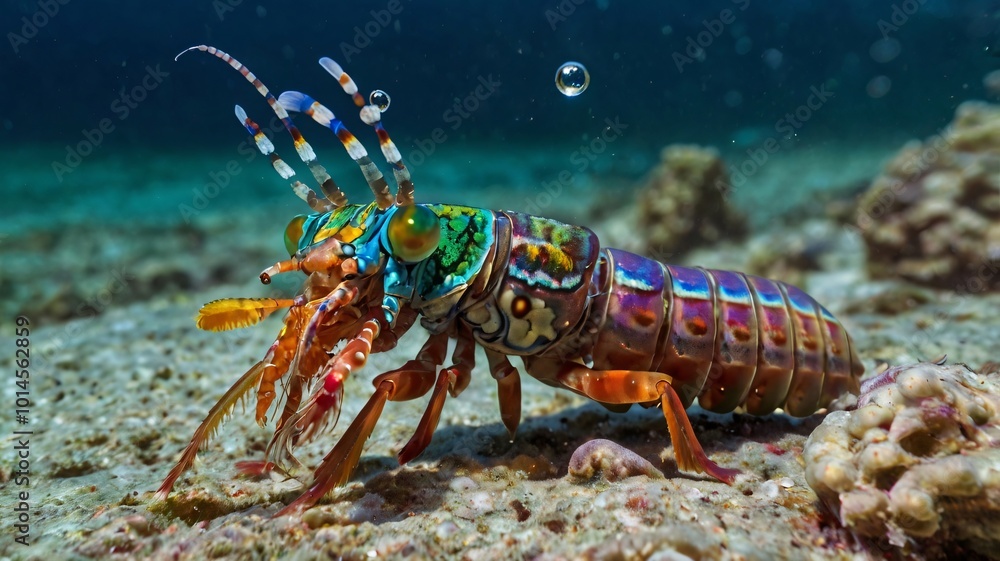 A peacock mantis shrimp striking its prey underwater A peacock mantis shrimp striking its prey underwater