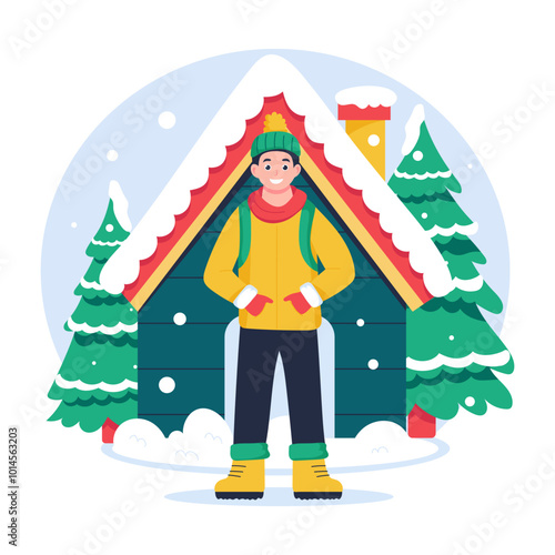 Character based flat illustration of winter boy enjoying outside 