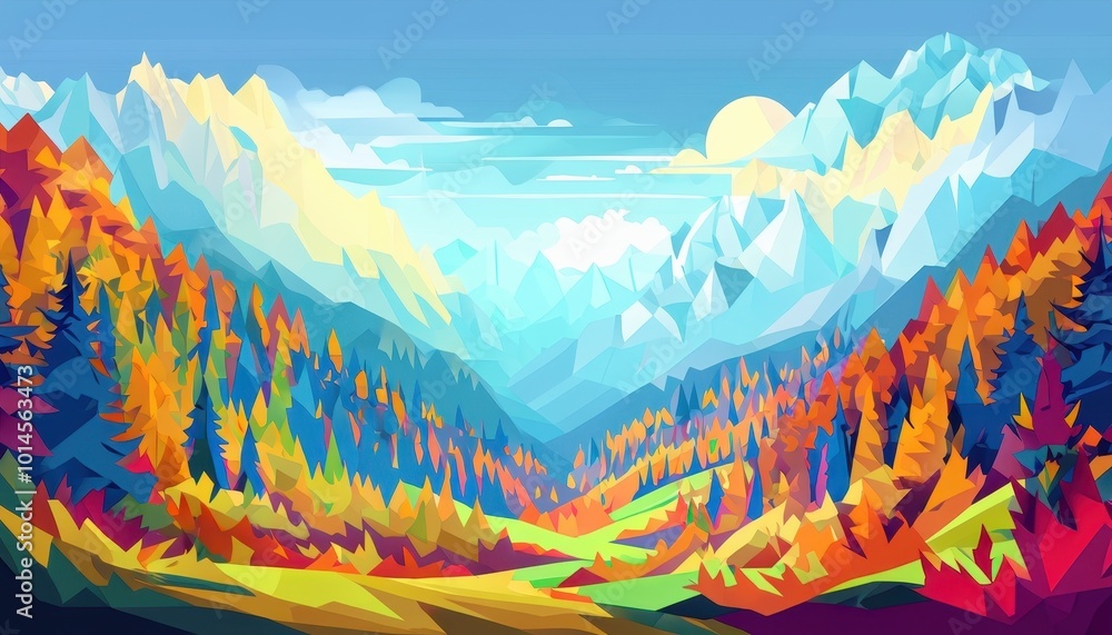 A vibrant, geometric landscape featuring colorful mountains and a serene valley under a bright sky. A vibrant, geometric landscape featuring colorful mountains and a serene valley under a bright sky.
