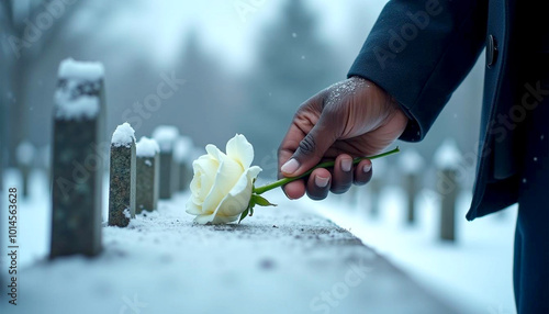  Black man hand Hand Lays white Rose on Gravestone, Tombstone in Tribute, Remembrance photo