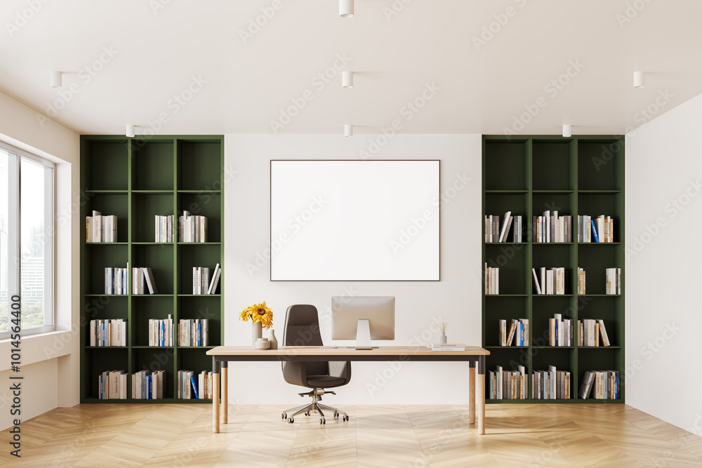 Modern office interior with blank poster on the wall. 3D Rendering Modern office interior with blank poster on the wall. 3D Rendering
