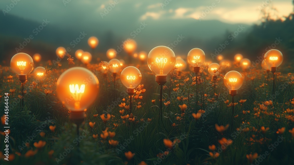 A field of flowers with many glowing bulbs in the middle. The bulbs are lit up and the field is illuminated A field of flowers with many glowing bulbs in the middle. The bulbs are lit up and the field is illuminated