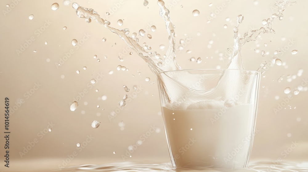 Milk and transparent cup elements isolated on warm background. Liquid splash in glass cup. Milk pours out. Vector 3d realistic illustration Milk and transparent cup elements isolated on warm background. Liquid splash in glass cup. Milk pours out. Vector 3d realistic illustration