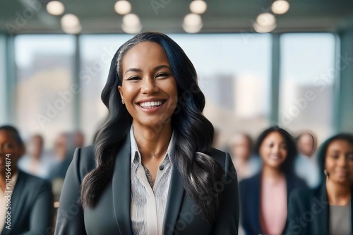 Professional African woman with a radiant smile engages attendees as she speaks at a business conference. With a blurred team in the backdrop, she embodies leadership and confidence.