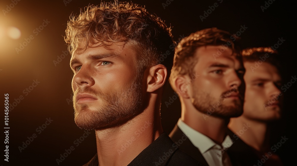 Three men with short hair and beards stand in front of a dark background. The man in the middle is wearing a suit and tie Three men with short hair and beards stand in front of a dark background. The man in the middle is wearing a suit and tie