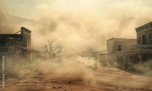 Deserted frontier town swallowed by sandstorms, 4K hyperrealistic photo