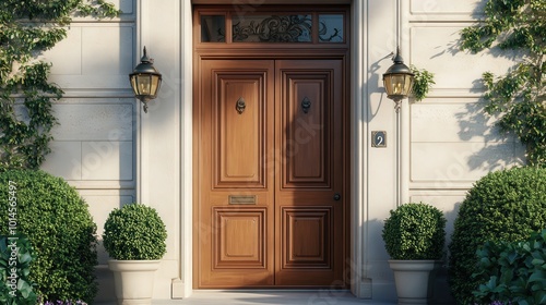 3D rendering of a classic entrance door in a house with a wooden facade