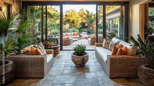 An indoor/outdoor living room seamlessly blending with the patio through retractable glass doors