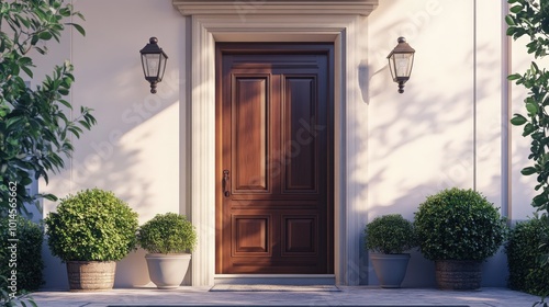 3D rendering of a classic entrance door in a house with a wooden facade