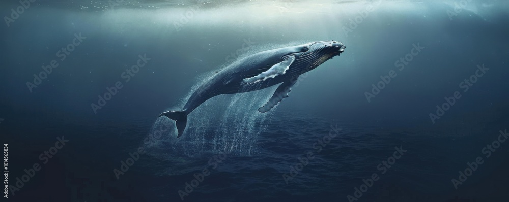 Fototapeta premium Humpback whale breaching against a backdrop of deep ocean, 4K hyperrealistic photo