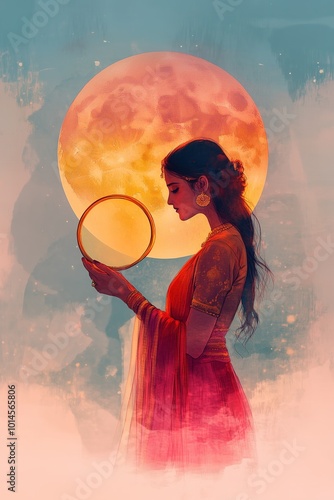 Minimalist Watercolor Woman Holding Round Sieve, Gazing at Moon in Serene Karwa Chauth Illustration