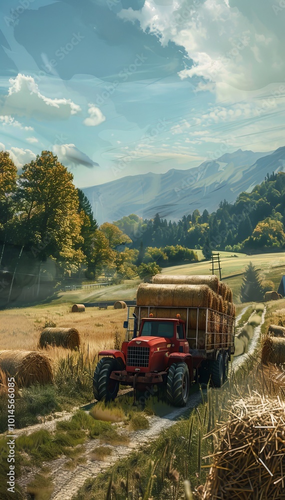 Naklejka premium Charming farm scene tractor transporting hay bales through a picturesque rural meadow