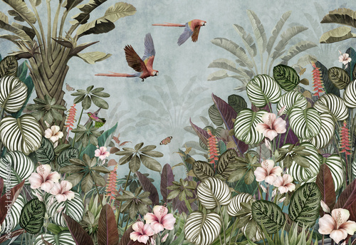 Wallpaper Mural pattern tropical forest style wallpaper with palm trees plants butterflies and birds macaw parrot sky background. Torontodigital.ca