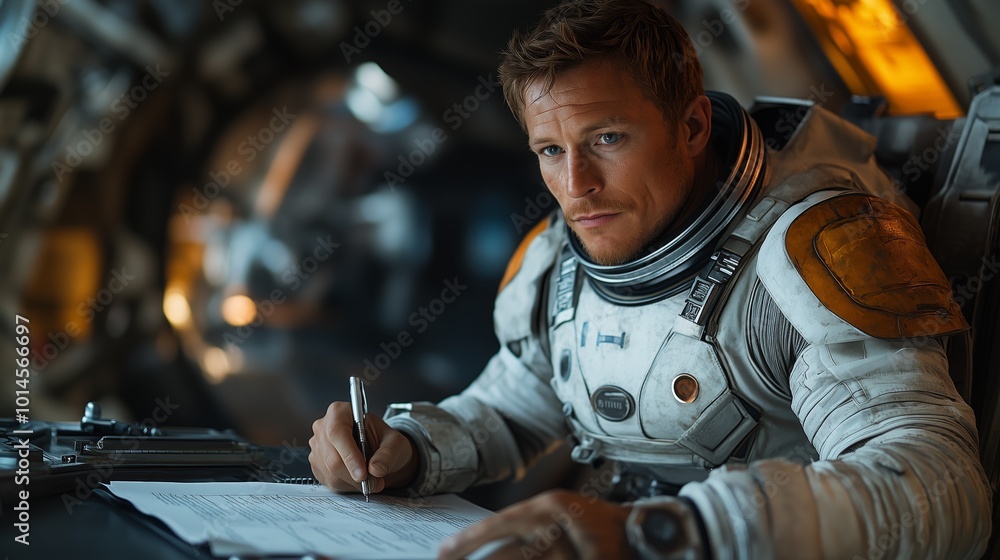 A man in a spacesuit is writing on a piece of paper. He looks serious and focused A man in a spacesuit is writing on a piece of paper. He looks serious and focused