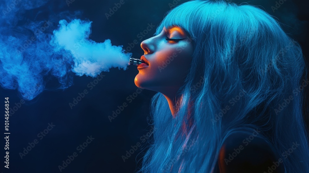 Hipster woman with blue hair smoking fruit electronic cigarette on black background. Vape advertisement concept Hipster woman with blue hair smoking fruit electronic cigarette on black background. Vape advertisement concept