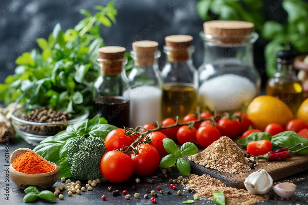 A vibrant assortment of fresh tomatoes, herbs, spices, and oils is beautifully laid out on a kitchen counter, inviting culinary creativity and healthy cooking A vibrant assortment of fresh tomatoes, herbs, spices, and oils is beautifully laid out on a kitchen counter, inviting culinary creativity and healthy cooking