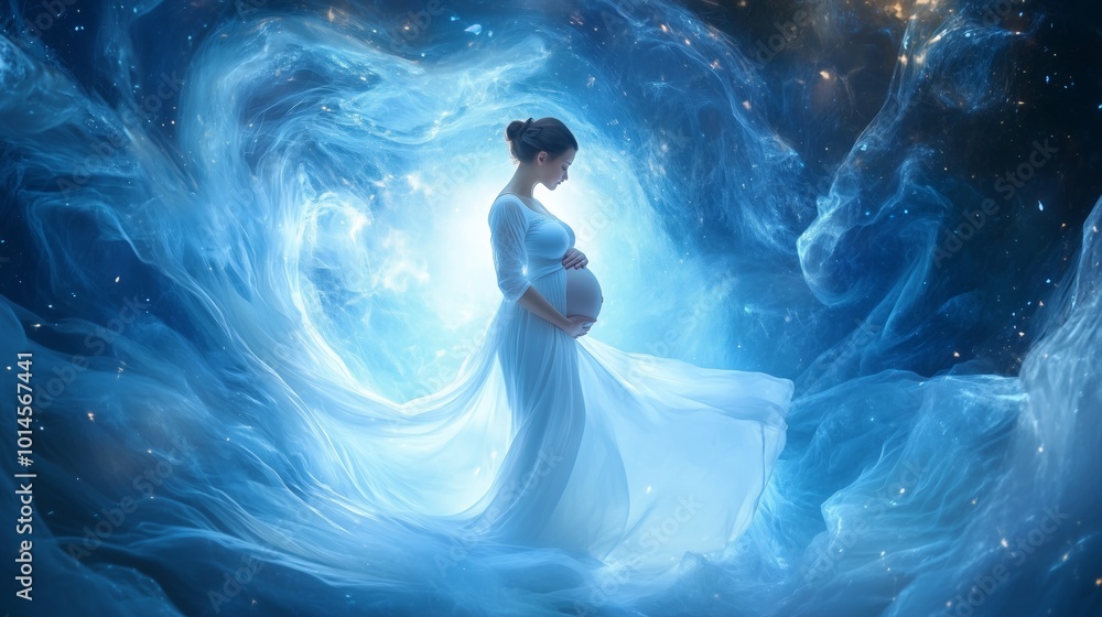 A pregnant woman is standing in a blue, swirling cloud of mist. The woman is wearing a white dress and she is floating in the air. The scene is ethereal and dreamlike A pregnant woman is standing in a blue, swirling cloud of mist. The woman is wearing a white dress and she is floating in the air. The scene is ethereal and dreamlike