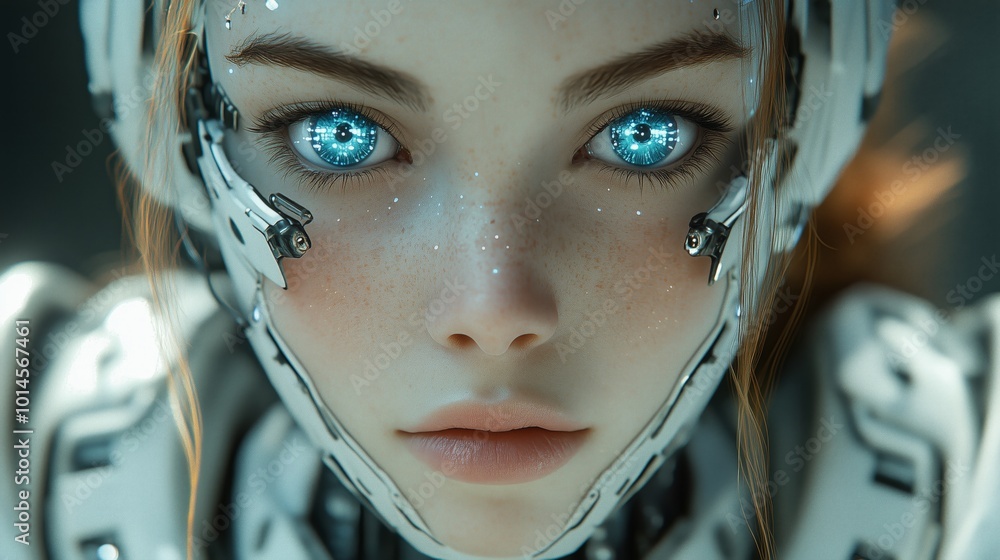 A woman with blue eyes and a white outfit. The outfit is made of metal and has a futuristic look A woman with blue eyes and a white outfit. The outfit is made of metal and has a futuristic look