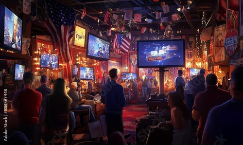 A crowded bar with patrons watching TV.