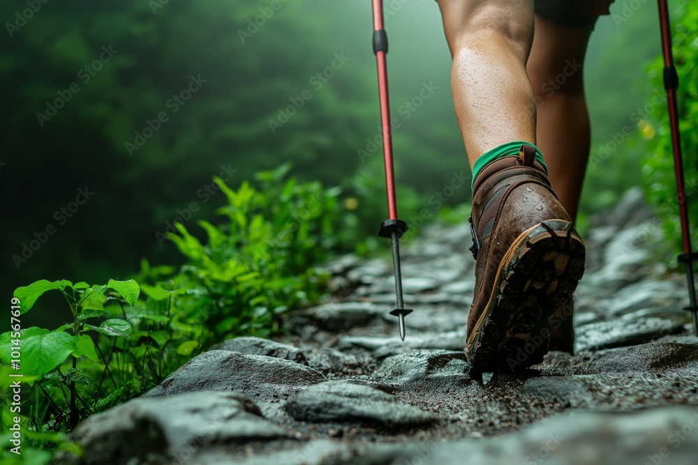 A hiker's boots and trekking poles as they walk on a wet, rocky trail in a lush, green forest. The damp terrain and misty atmosphere create a sense of adventure and connection with nature A hiker's boots and trekking poles as they walk on a wet, rocky trail in a lush, green forest. The damp terrain and misty atmosphere create a sense of adventure and connection with nature
