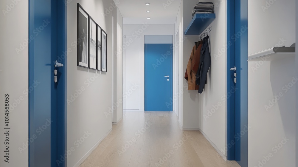 A well-lit and modern hallway features vibrant blue doors and a minimalistic decor style. Stylish frames line the walls, enhancing the contemporary feel of this inviting living space. A well-lit and modern hallway features vibrant blue doors and a minimalistic decor style. Stylish frames line the walls, enhancing the contemporary feel of this inviting living space.