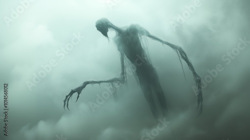 A creepy monster with long arms and legs is floating in the sky. The sky is dark and cloudy, creating a moody atmosphere. The monster appears to be a mix of a human and a creature from another world photo