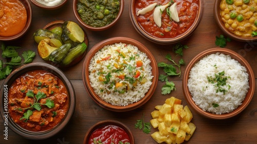 A table with several bowls of food including rice and vegetables