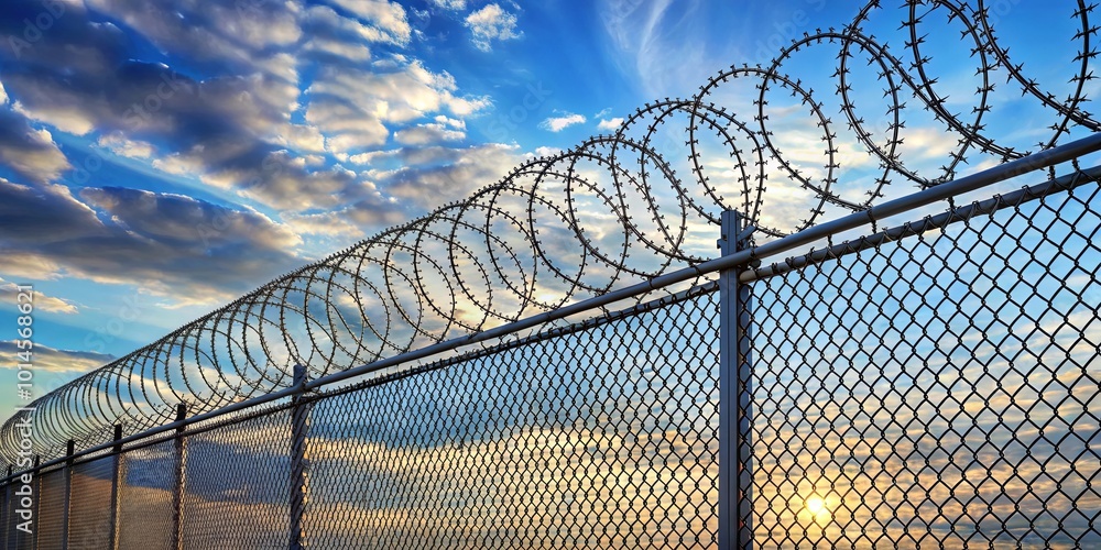 A chain-link fence topped with razor wire stands against a dramatic sunset sky, creating a stark contrast between security and freedom. A chain-link fence topped with razor wire stands against a dramatic sunset sky, creating a stark contrast between security and freedom.