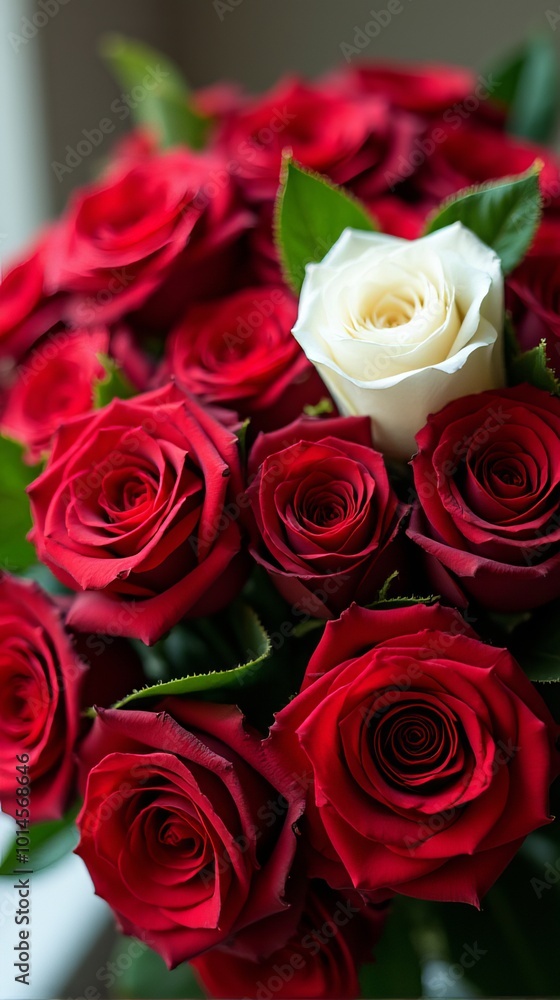 Dense Bouquet Featuring a Vibrant Contrast of Red and White Roses, With Lush Green Leaves Peeking Through the Petals Dense Bouquet Featuring a Vibrant Contrast of Red and White Roses, With Lush Green Leaves Peeking Through the Petals