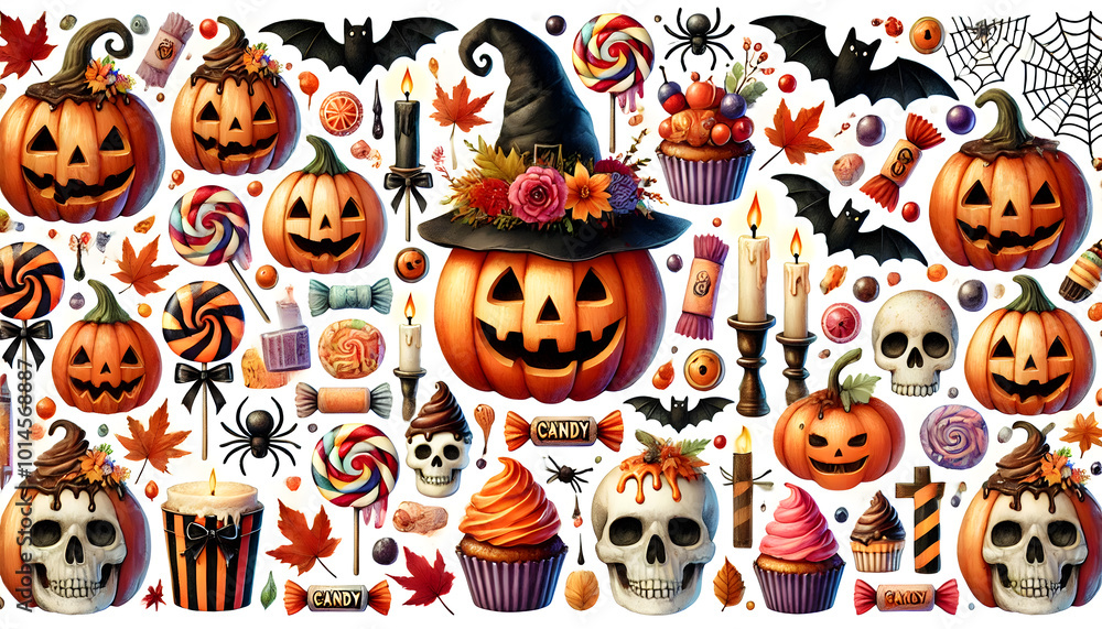ハロウィンのジャックオーランタンとロリポップの水彩イラストコレクション
ハロウィンのジャックオーランタンとロリポップの水彩イラストコレクション