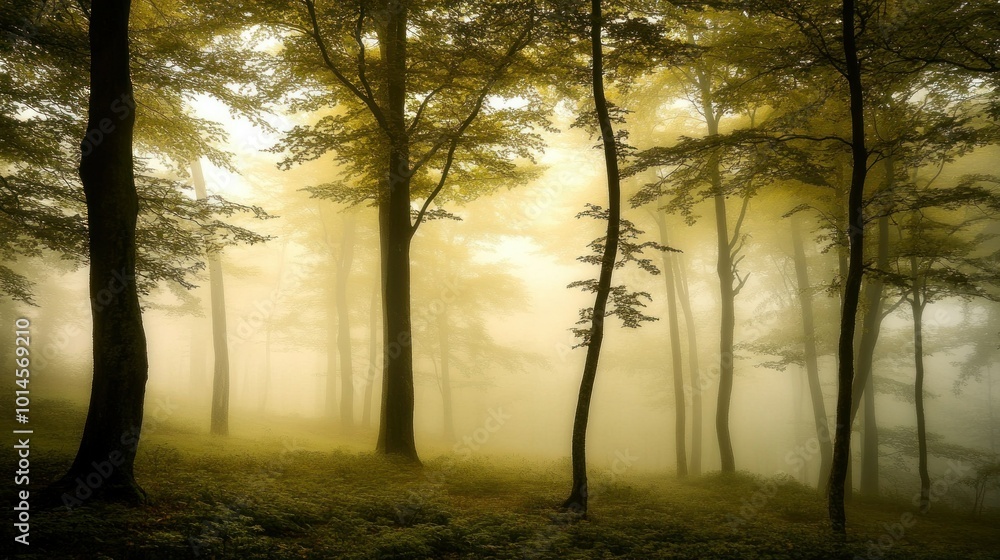Fototapeta premium Misty Forest with Tall Trees and Golden Sunlight