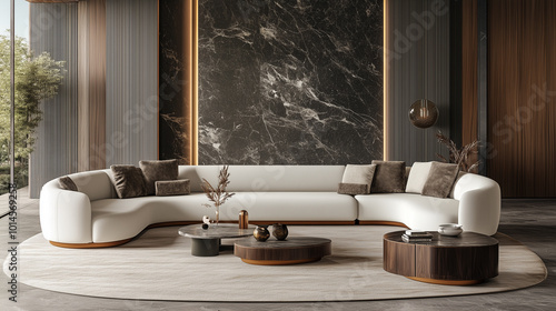 Modern Interior Design with Curved Sofa and Marble