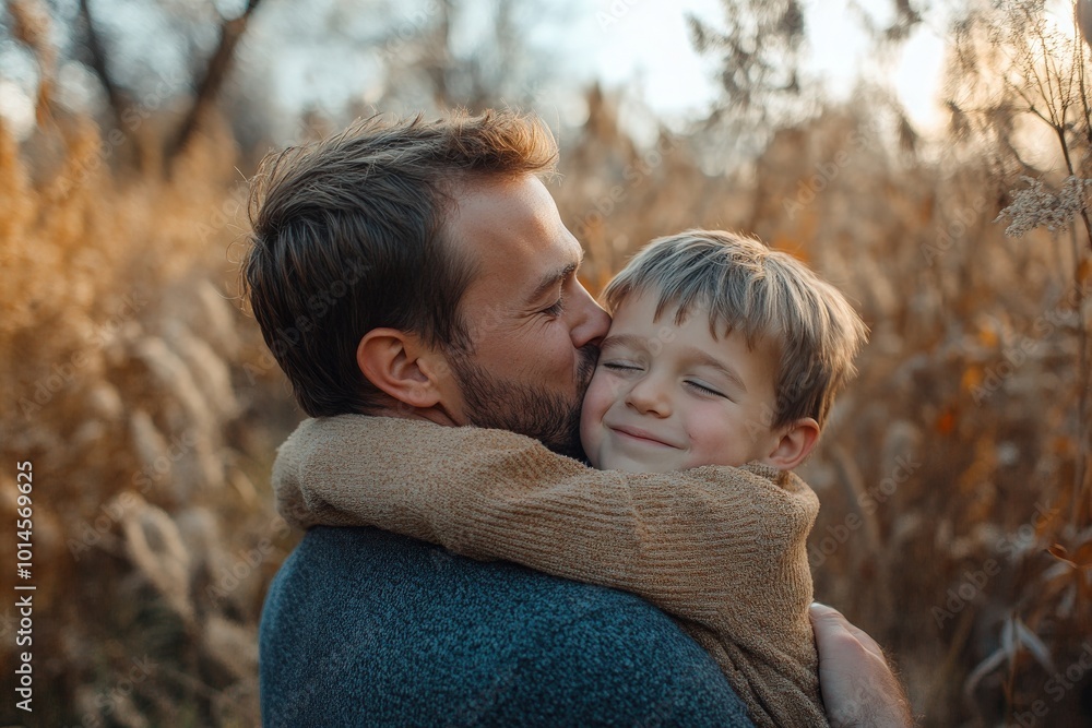 Father bonding kiss and boy child hug happy in nature with quality time together outdoor Happiness laughing and family love of a dad and kid in a park enjoying nature hugging with care and a smile Father bonding kiss and boy child hug happy in nature with quality time together outdoor Happiness laughing and family love of a dad and kid in a park enjoying nature hugging with care and a smile