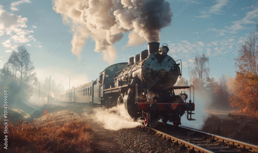 Fototapeta premium Classic steam engine puffing smoke on rural tracks, 4K hyperrealistic photo