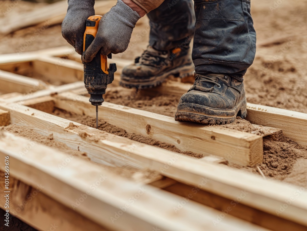 Carpenter nailing wooden planks with precision, using nail guns. Hands hold power tools, feet in work boots on wooden slats, with a sandy outdoor background. Generative AI Carpenter nailing wooden planks with precision, using nail guns. Hands hold power tools, feet in work boots on wooden slats, with a sandy outdoor background. Generative AI